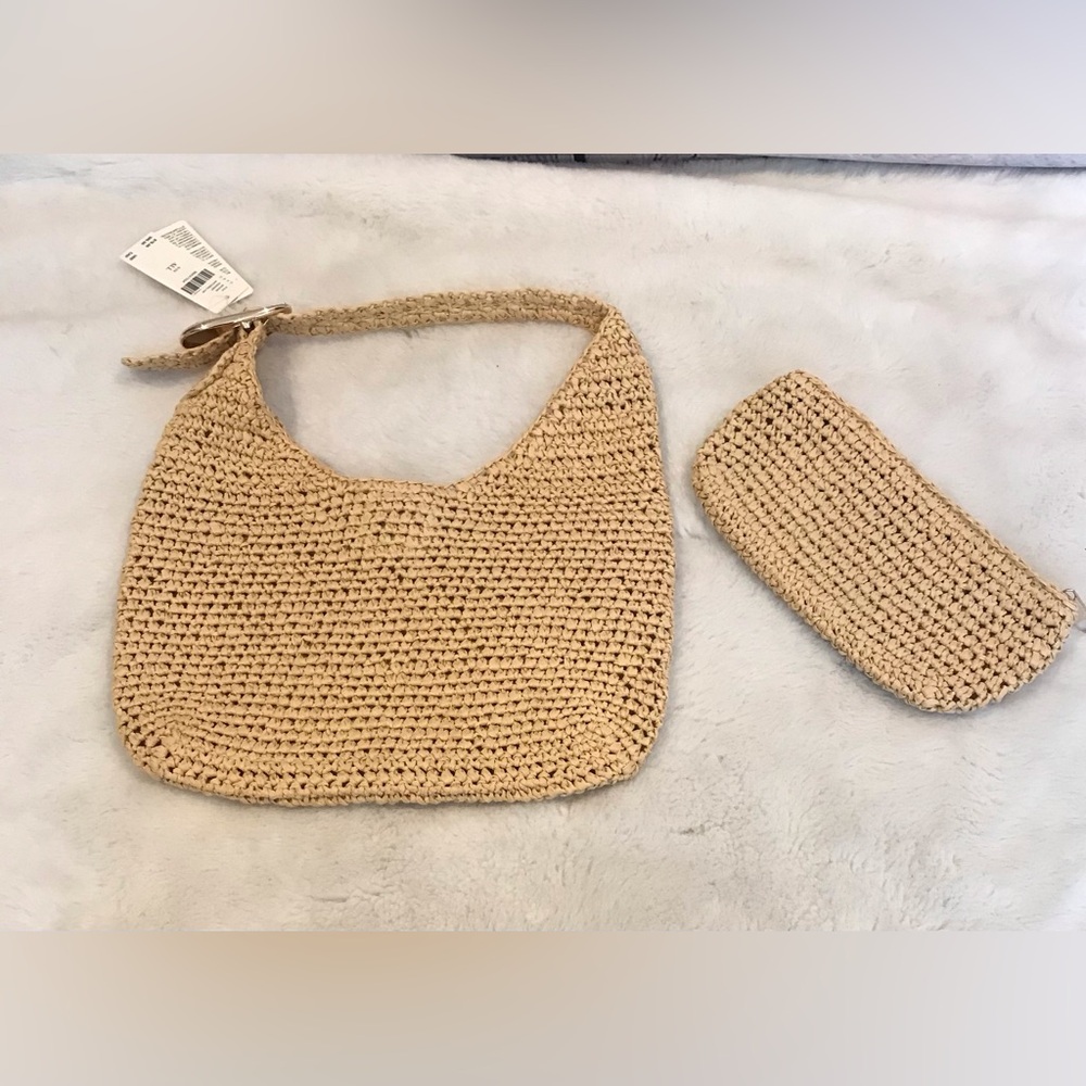 Anthropologie Beige Crochet Tote with Pouch